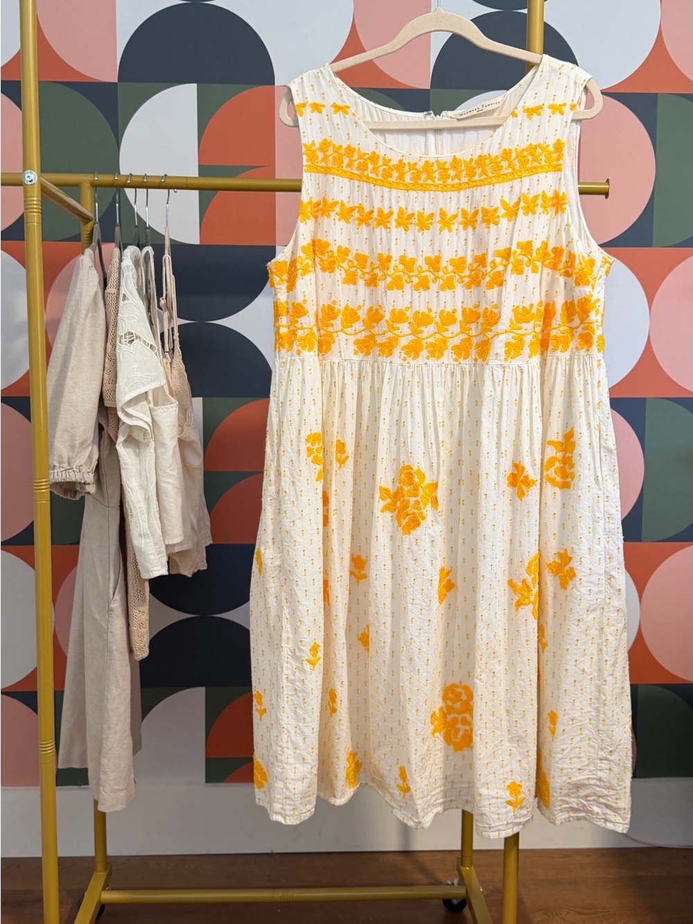 Sleeveless White Midi Dress with Yellow Floral Embroidery